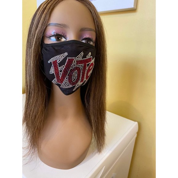 VOTE Bling Rhinestone Face Mask With Filter Pocket Red - Picture 6 of 11